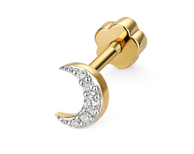 SINGLE 9K Yellow Gold 0.03ct Diamond Half Moon Stud Cartilage 6mm Bar Screw Back Earring - Real 9K Gold