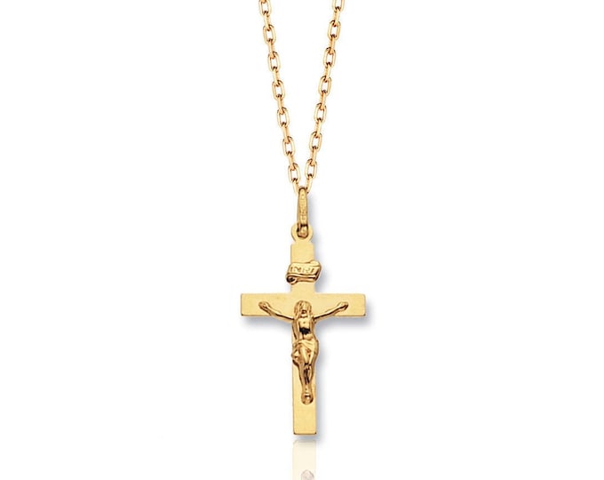9ct Yellow Gold Small 2cm Flat Design INRI Crucifix Cross Pendant - Real 9K Gold