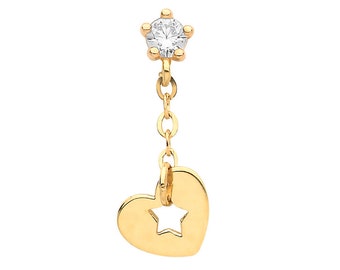 9ct Yellow Gold Cz Cartilage Single Stud Screw Back Earring With Heart & Star Drop - Real 9K Gold