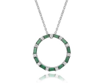 Rhodium Plated 925 Sterling Silver Emerald green Cz Baguette & Round Cz Circle of Life  17" Necklace