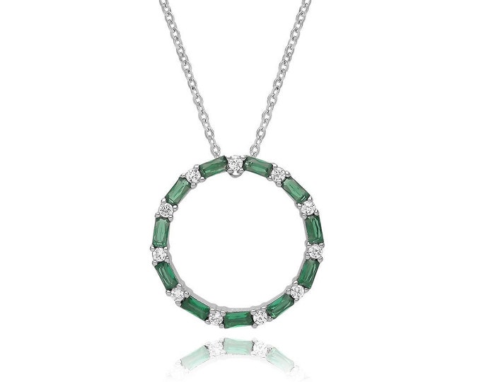 Rhodium Plated 925 Sterling Silver Emerald green Cz Baguette & Round Cz Circle of Life  17" Necklace