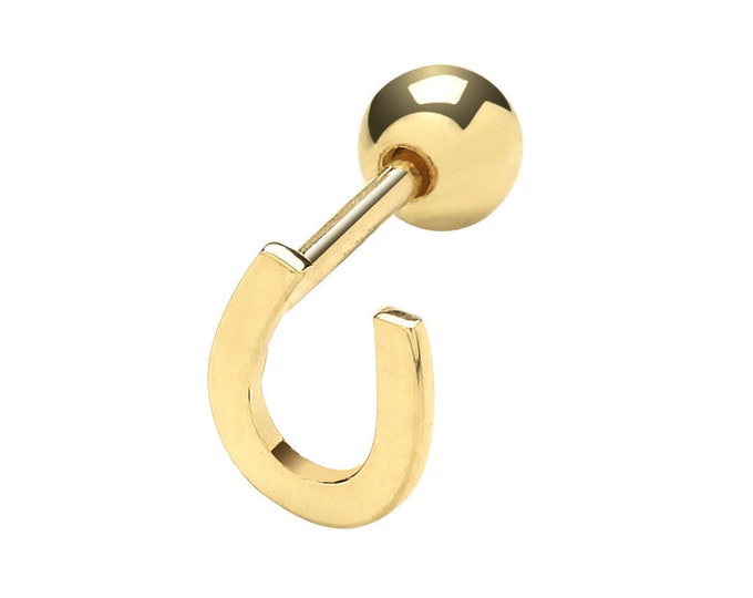 9ct Yellow Gold Lucky Horseshoe Cartilage 6mm Bar Single Stud Screw Back Earring - Real 9K Gold