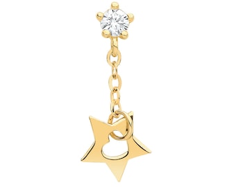 SINGLE 9ct Yellow Gold Cz Cartilage Stud Screw Back Earring With Cut Out Star Drop - Solid 9K Gold