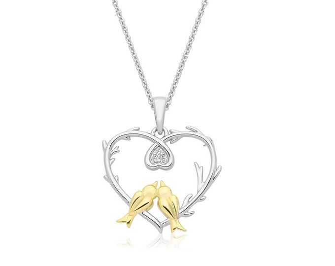 Rhodium Plated 925 Sterling Silver Cz Heart & Doves 16"- 18" Necklace