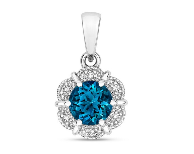 9K White Gold Diamond & London Blue Topaz Flower Pendant