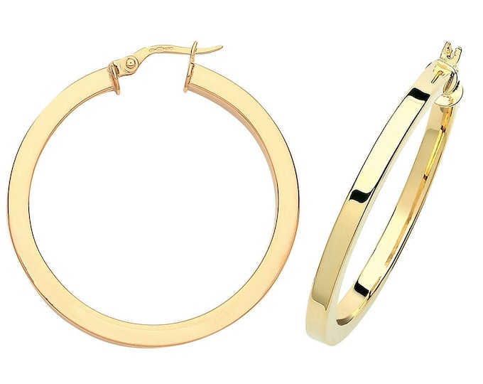 9ct Yellow Gold Plain 3mm Square Tube Hoop Earrings 15mm 20mm 25mm 30mm 40mm - Real 9K Gold