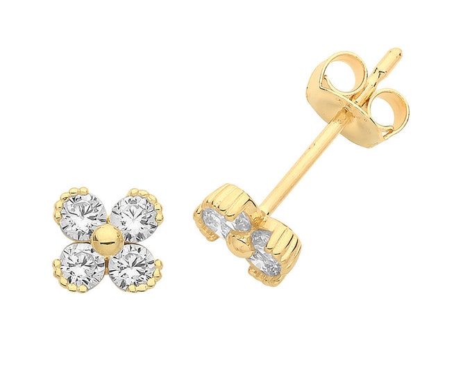 Small 9ct Yellow Gold 4 Cz Petal 5mm Flower Stud Earrings- Real 9K Gold