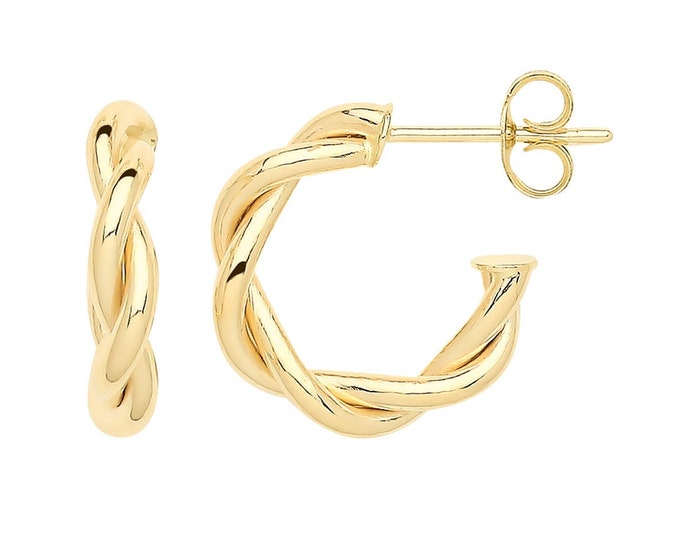 9ct Yellow Gold Twisted Hoop Earrings With Post & Butterfly Fastening- Real 9K Gold - 10mm 12mm 15mm 20mm