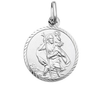 Solid Silver Diamond Cut Border St Christopher Medallion Charm Pendants & Chain