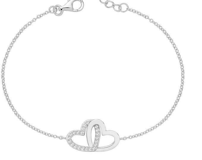 Ladies 925 Sterling Silver Interlinked Cz Hearts 7.5" Bracelet Rhodium Plated