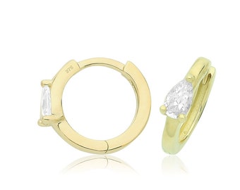 9ct Yellow Gold 9mm Diameter Hinged Clicker Hoop Earring With Pear Cut Cz Stone - Real 9K Gold