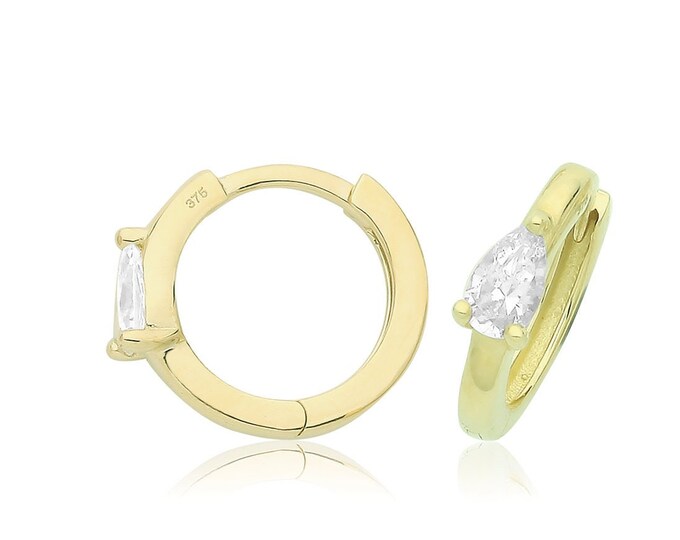 9ct Yellow Gold 9mm Diameter Hinged Clicker Hoop Earring With Pear Cut Cz Stone - Real 9K Gold