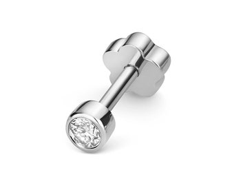 9ct White Gold Solitaire 0.05ct Rubover Diamond Cartilage 6mm Bar SINGLE Stud Screw Back Earring - Real 9K Gold