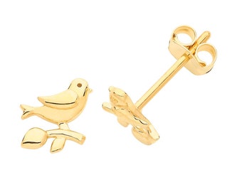 9ct Yellow Gold Small 7x6mm Dove & Olive Branch Stud Earrings - Real 9K Gold