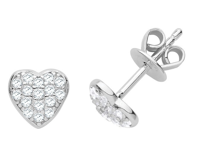 925 Sterling Silver 6mm Pave Cz Heart Stud Earrings