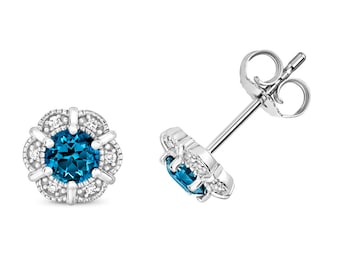 9K White Gold Diamond & London Blue Topaz Flower Stud Earrings