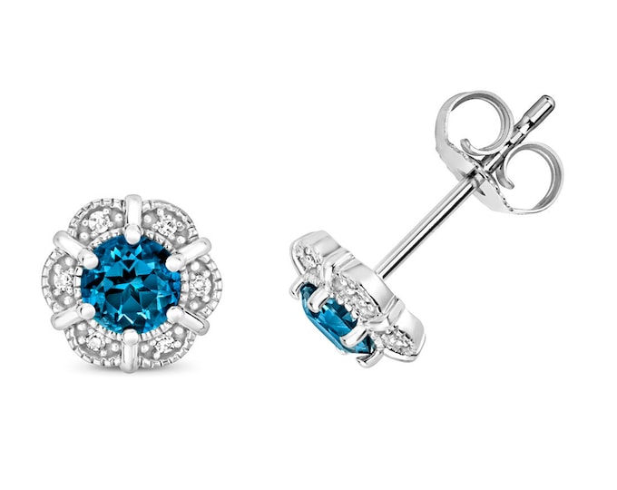 9K White Gold Diamond & London Blue Topaz Flower Stud Earrings