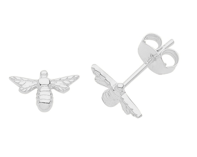 Rhodium Plated 925 Sterling Silver 8x4mm Small Bumble Bee Stud Earrings