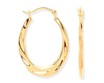 9ct Yellow Gold Hollow 15x12mm Lightweight Oval Flat Ribbed Hoop Earrings - Real 9K Gold