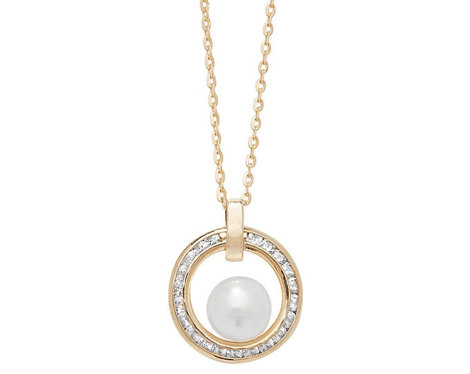 9ct Gold 12mm Channel Set Cz Circle of Life & Cultured Pearl 18" Necklace- Solid 9K Gold