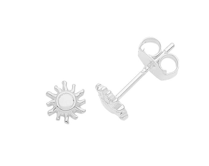925 Sterling Silver Small 4mm Plain Polished Sun Stud Earrings Rhodium Plated