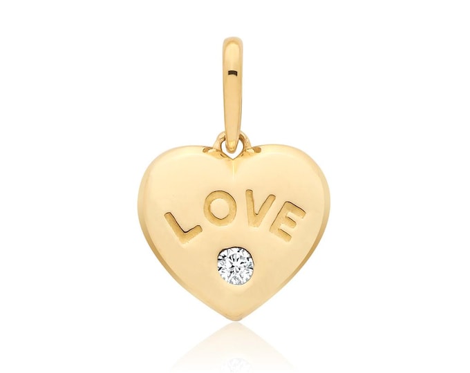 9ct Yellow Gold 10mm Love Embossed Cz Heart Tag Pendant - Solid 9K Gold