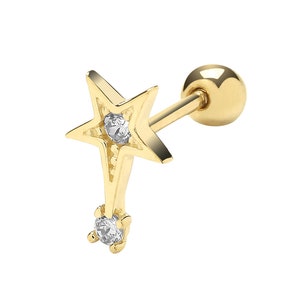 9ct Yellow Gold 5 Point Shooting Star Cz Helix Cartilage 6mm Bar Single Stud Screw Back Earring - Real 9K Gold