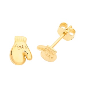 9ct Yellow Gold Small 6x5mm Boxing Glove Fight Engraved Stud Earrings - Real 9K Gold