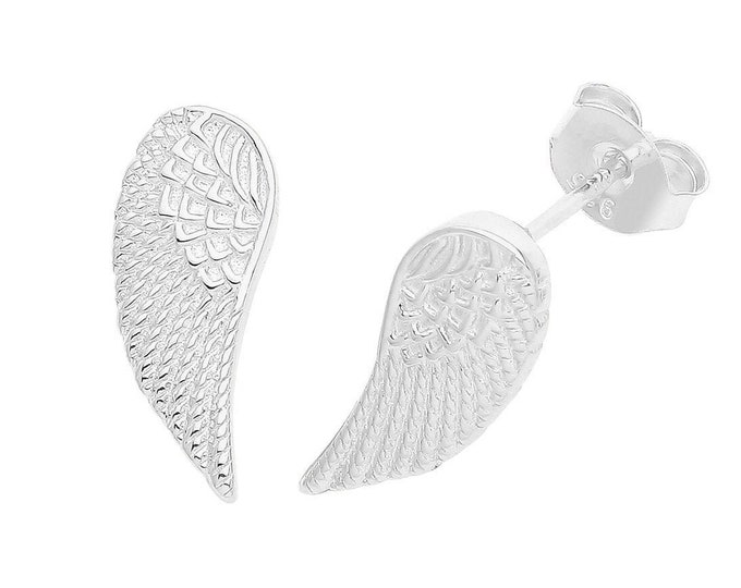 Rhodium Plated 925 Sterling Silver Angel Wings Stud Earrings 12x6mm