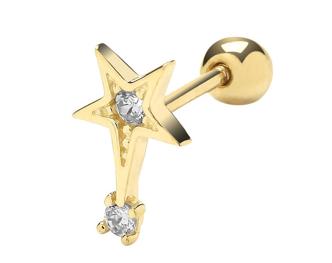 9ct Yellow Gold 5 Point Shooting Star Cz Helix Cartilage 6mm Bar Single Stud Screw Back Earring - Real 9K Gold