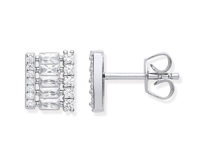 3 Row Baguette & Round Cut Look-of-Diamonds Cz Silver 8x6mm Stud Earrings