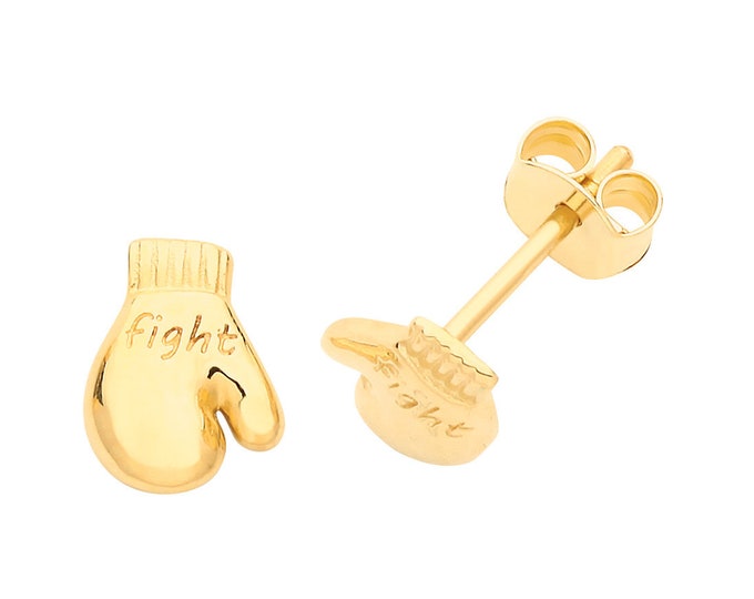 9ct Yellow Gold Small 6x5mm Boxing Glove Fight Engraved Stud Earrings - Real 9K Gold