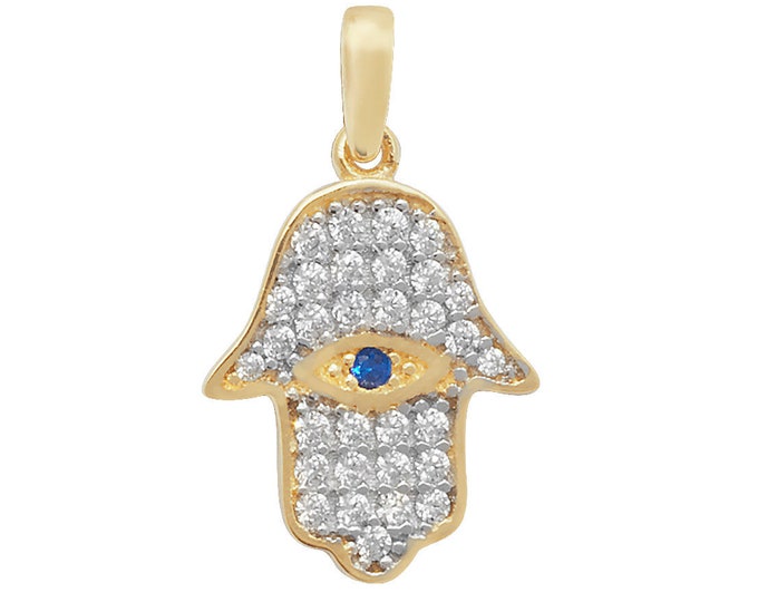 9ct Yellow Gold 1.5cm Pave Cz Evil Eye Hamsa Hand Charm Pendant - Real 9K Gold