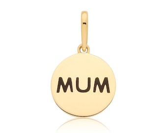Small 9mm Diameter MUM Disc Charm Pendant 9ct Yellow Gold - Solid 9K Gold