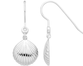 Pair of Rhodium Plated 925 Sterling Silver 1.7cm Shell Design Hook Drop Earrings