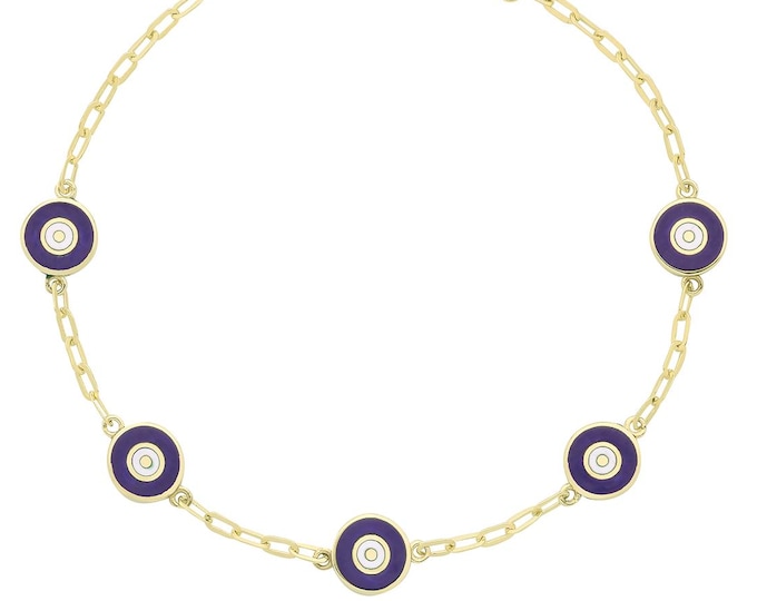 Ladies 9ct Yellow Gold Blue & White Enamel Evil Eye Round Disc 7" Bracelet Hallmarked - Solid 9K Gold