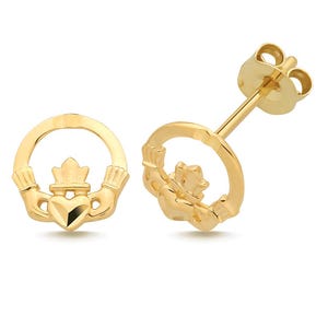 9ct Yellow Gold 8mm Irish Claddagh Heart Stud Earrings
