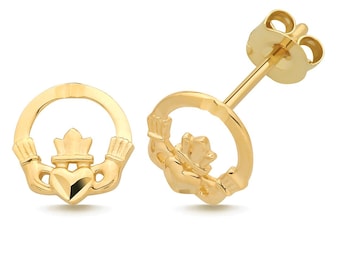 9ct Yellow Gold 8mm Irish Claddagh Heart Stud Earrings