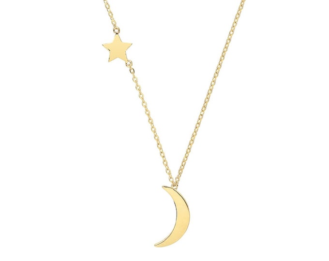 9ct Yellow Gold Interstellar Star & Moon Charm Chain 15.5" to 17.5" Necklace Hallmarked - Real 9K Gold