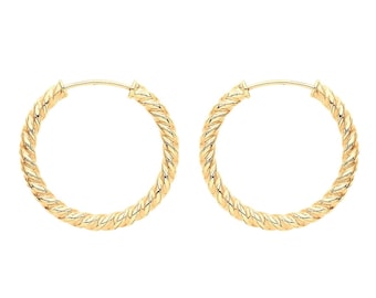 9ct Yellow Gold 15mm Diameter Twisted Threader Sleeper Hoop Earrings - Real 9K Gold