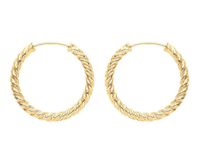 9ct Yellow Gold 15mm Diameter Twisted Threader Sleeper Hoop Earrings - Real 9K Gold