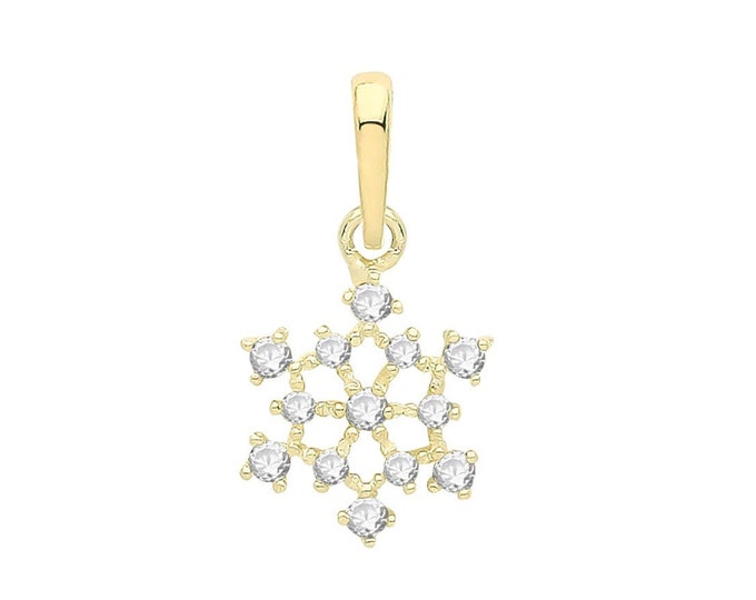 Small 9ct Yellow Gold 8.5mm Cz Snowflake Charm Pendant - Real 9K Gold