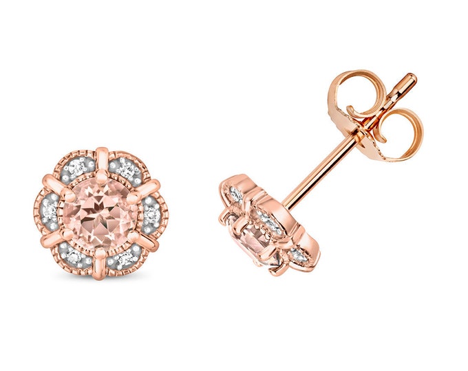 9K Rose Gold Diamond & Pink Morganite Flower Stud Earrings