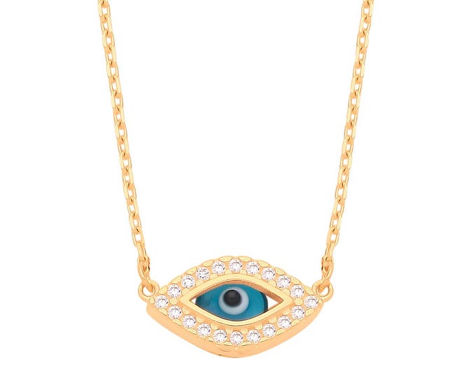 9ct Yellow Gold 12x7mm Blue Glass Pave Cz Evil Eye Charm 17" Necklace