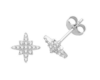 Small 925 Sterling Silver 7mm Pave Cz Celestial Star Stud Earrings