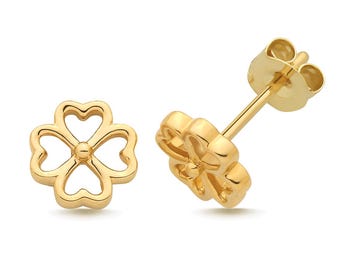 Lucky Four Leaf Clover Solid 9K Yellow Gold 7mm Shamrock Stud Earrings