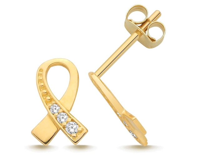 Solid 9K Gold 9x6mm Pave Cz Crossed Ribbon Stud Earrings