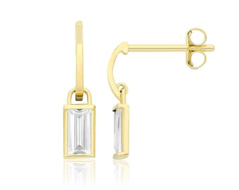 9ct Yellow Gold Half Hoop Emerald Cut Cz 12mm Drop Earrings  - Real 9K Gold