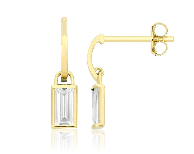 9ct Yellow Gold Half Hoop Emerald Cut Cz 12mm Drop Earrings  - Real 9K Gold