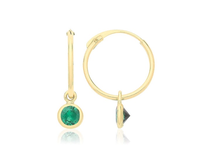 Dainty 9ct Yellow Gold 8mm Diameter Sleeper Hoop Earrings With Hanging Green Cz Charm - Real 9K Gold